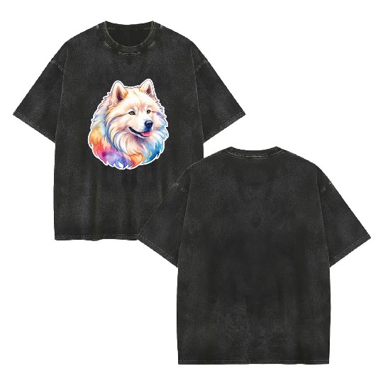Samoyed Dog Watercolor Double Sided Mineral Wash T Shirts