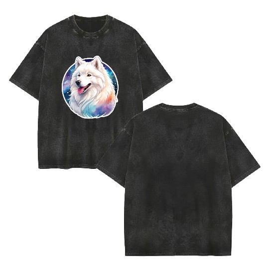 Samoyed Dog Watercolor Double Sided Mineral Wash T Shirts