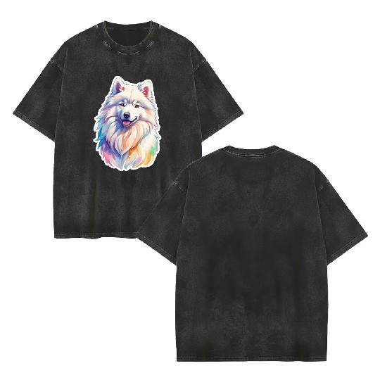 Samoyed Dog Watercolor Double Sided Mineral Wash T Shirts