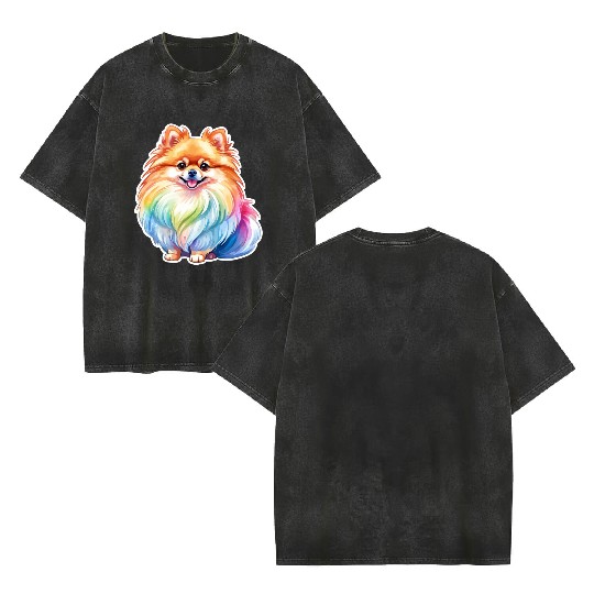 Pomeranian Watercolor Double Sided Mineral Wash T Shirts