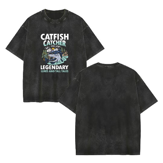 Catfish Catcher Legendary Lures and Tall Tales Double Sided Mineral Wash T Shirts