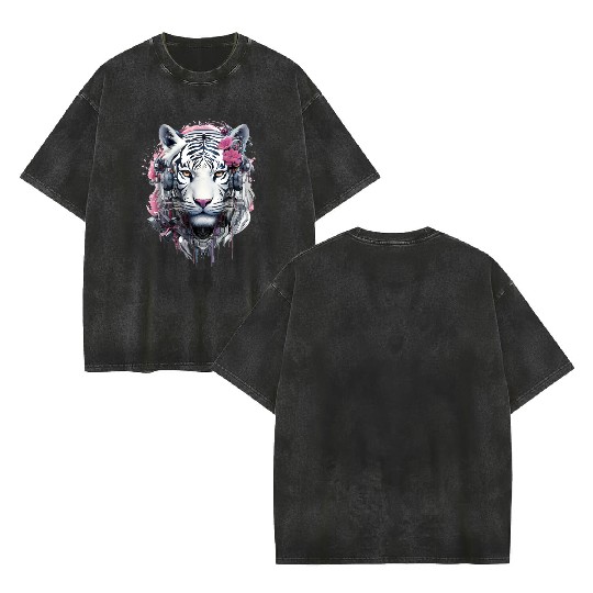 Tiger Animal Nature Motif Drawing Illustration Fac Double Sided Mineral Wash T Shirts