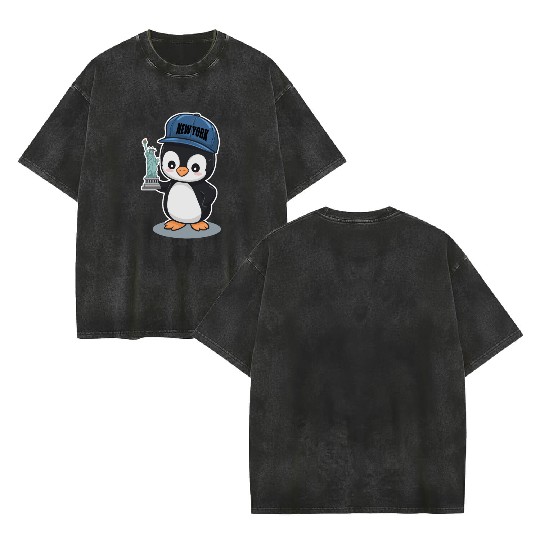 New York Penguin Holding Statue Of Liberty Double Sided Mineral Wash T Shirts