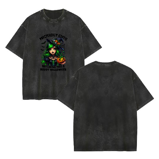 Halloween Wicked Cute Green Witch Double Sided Mineral Wash T Shirts