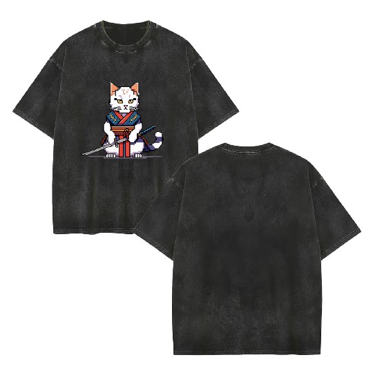 Pixel Samurai Cat Warrior Double Sided Mineral Wash T Shirts