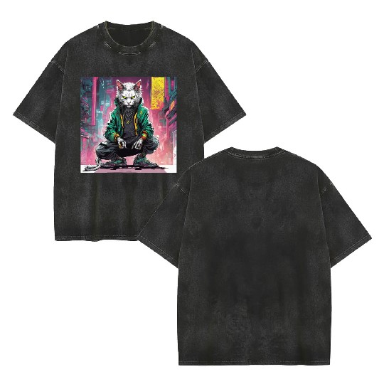 Urban Cyberpunk Cat Rebel Double Sided Mineral Wash T Shirts