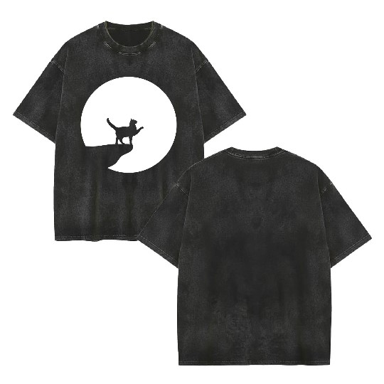 Cat Moon Cliff At Night Werewolf Round Howling Fun Double Sided Mineral Wash T Shirts