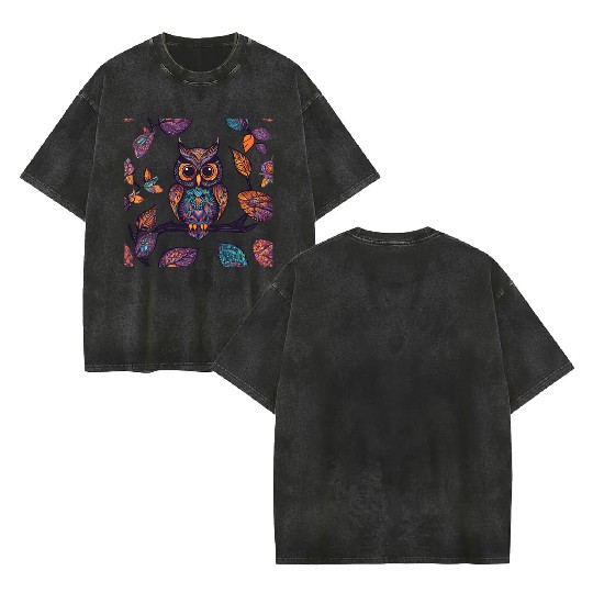 Halloween Owl Alebrije and Leaves Double Sided Mineral Wash T Shirts