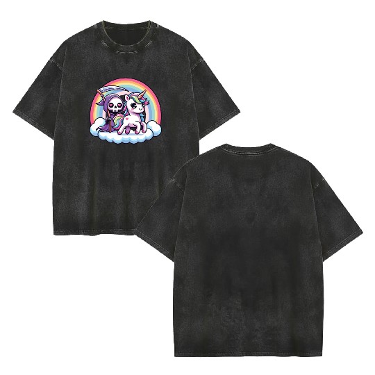 Cute Reaper And Unicorn Rainbow Double Sided Mineral Wash T Shirts
