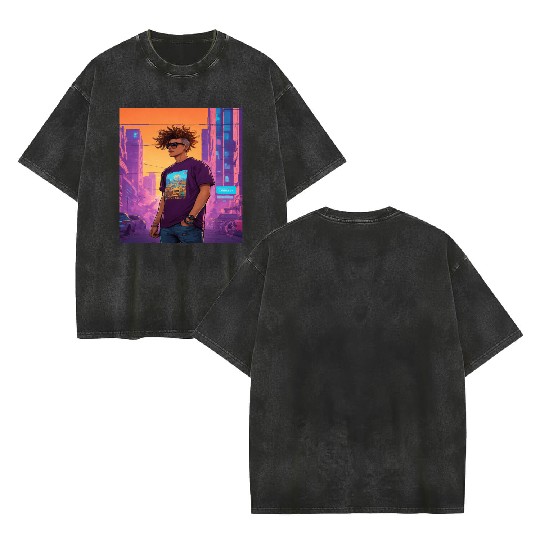 "Edgy Cyberpunk Street Style Portrait Art" Double Sided Mineral Wash T Shirts