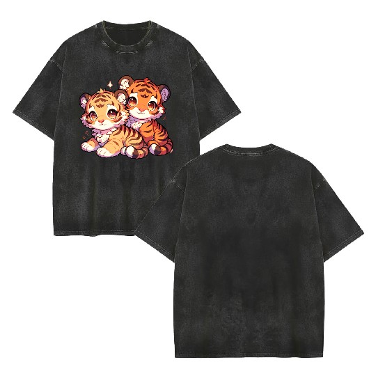Adorable Baby Tiger Cubs Artwork - Cute and Double Sided Mineral Wash T Shirts
