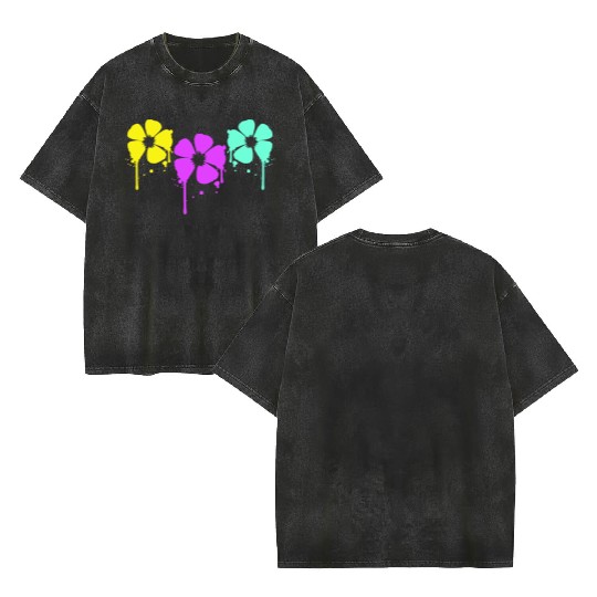 Flowers Colorful Graffiti Drop Spray Spring Summer Double Sided Mineral Wash T Shirts