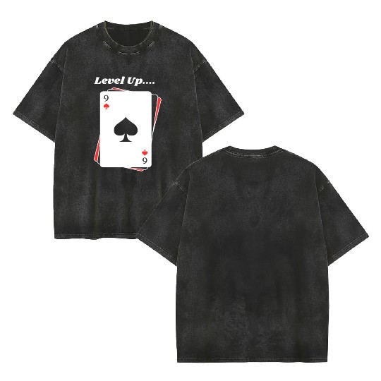 BLACK Men Double Sided Mineral Wash T Shirts For Game Card lovers - LEVEL UP