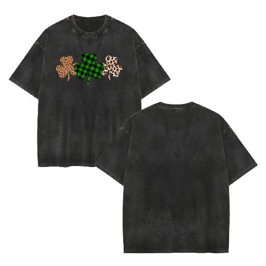 St Patricks Day Lucky Irish Green Plaid Shamrock Double Sided Mineral Wash T Shirts