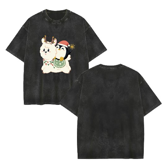 Alpaca and penguin celebrate Christmas Double Sided Mineral Wash T Shirts