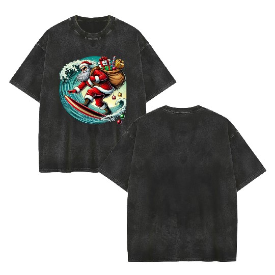 Santa's Surfing Christmas Adventure Double Sided Mineral Wash T Shirts