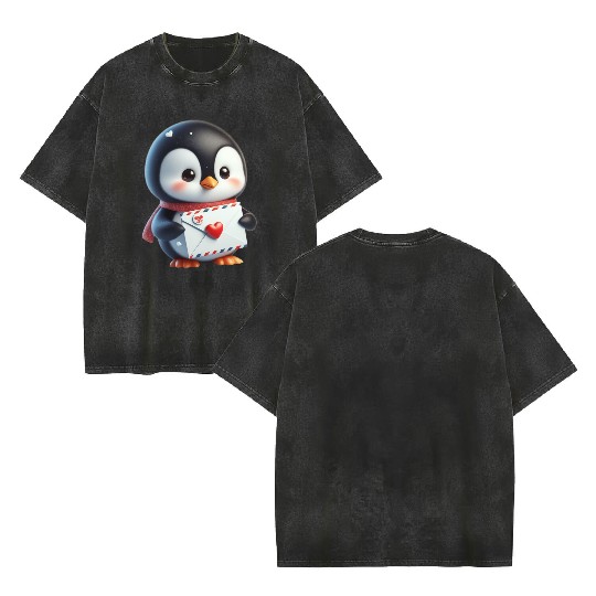 Penguin Valentine Mail with Heart Double Sided Mineral Wash T Shirts