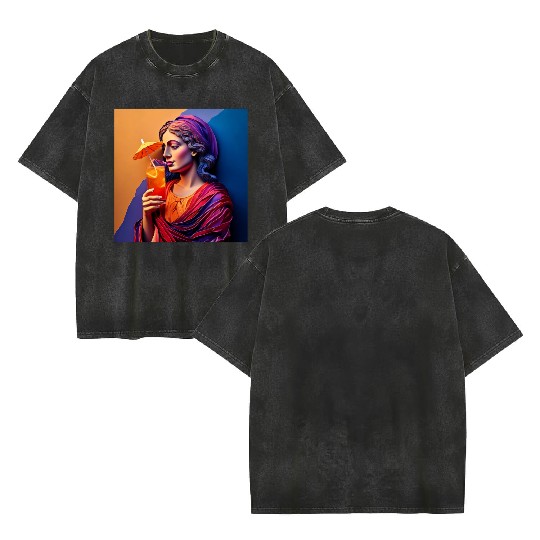 3D Artistic Lady with Tropical Drink in Vibrant Double Sided Mineral Wash T Shirts