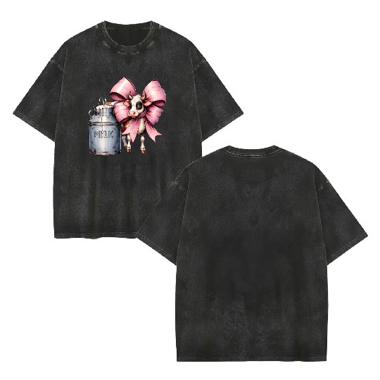 Coquette Bow Cow Farmer Milk Dairy Farmer Farming Double Sided Mineral Wash T Shirts