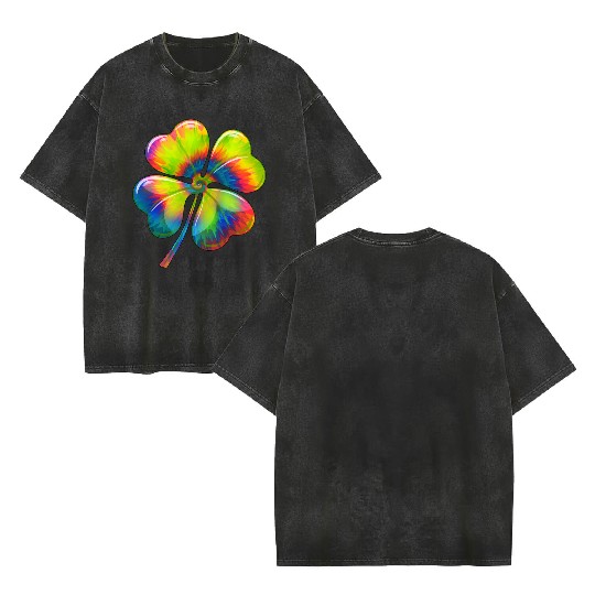 Tie Dye Shamrock Lucky Four Leaf Clover St Patrick Double Sided Mineral Wash T Shirts