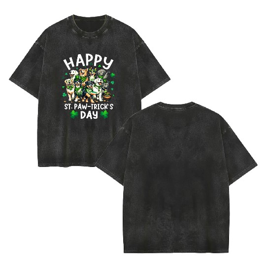 Happy Saint Patrick's Day Dog Puppy Lover for kids Double Sided Mineral Wash T Shirts