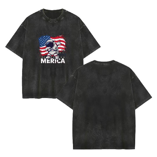 Merica Astronaut Adventure Dab with American Flag Double Sided Mineral Wash T Shirts