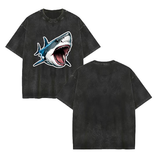 Big White Shark Attack Double Sided Mineral Wash T Shirts