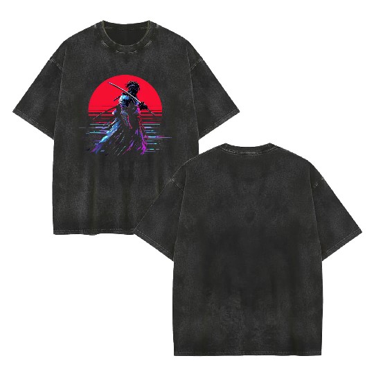 Cyberpunk Samurai Warrior Under Neon Moon Double Sided Mineral Wash T Shirts
