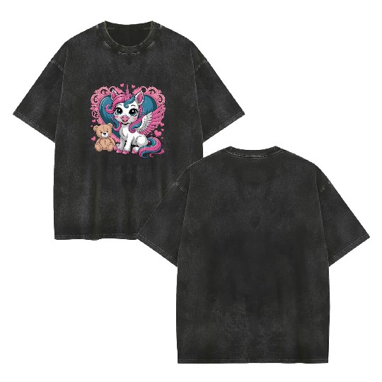 Whimsical Unicorn Magic Heart With Adorable Teddy Double Sided Mineral Wash T Shirts
