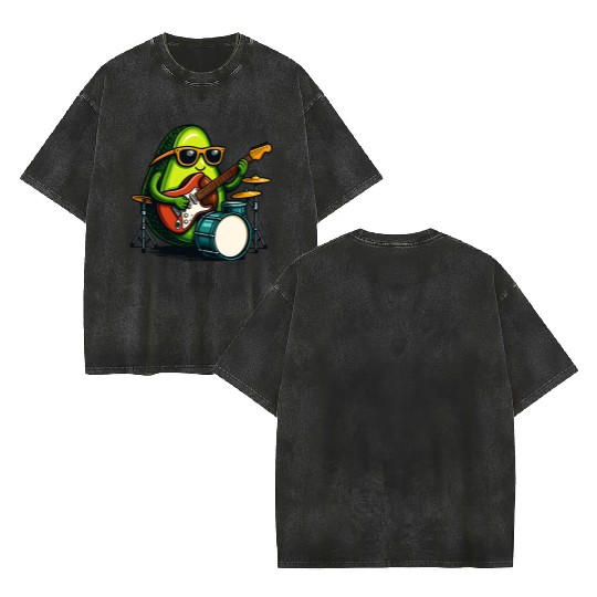 Rockin Avocado Musician Funny Graphic Double Sided Mineral Wash T Shirts