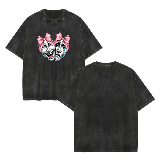 Coquette Bow Theatre Mask Drama Comedy Artist Girl Double Sided Mineral Wash T Shirts