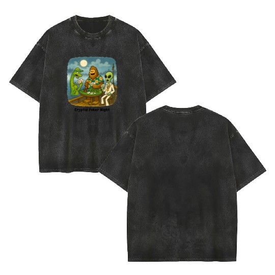 Bigfoot, Nessie and an Alien Play Poker - Cryptid Double Sided Mineral Wash T Shirts