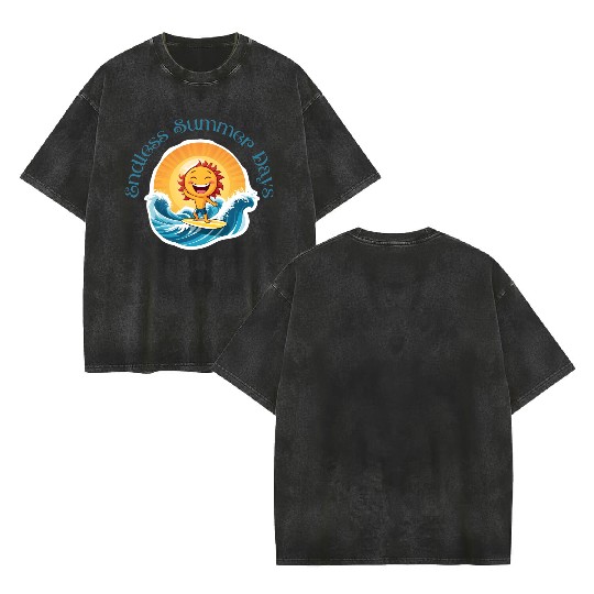 Cartoon Sun Surfing – Endless Summer Days. Double Sided Mineral Wash T Shirts
