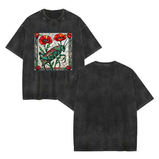 Grasshopper cricket stained glass poppy flower Double Sided Mineral Wash T Shirts