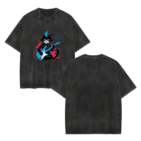 Rockstar Cat – Meow & Roll! Double Sided Mineral Wash T Shirts
