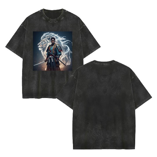 African Samurai With Spirit Lion Double Sided Mineral Wash T Shirts