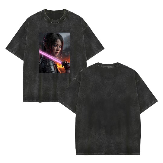 Cyberpunk Samurai Girl Double Sided Mineral Wash T Shirts
