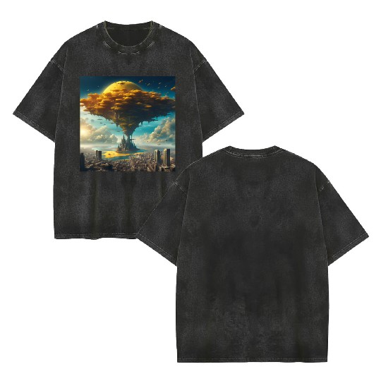 Sci-Fi Alien City: Floating Planet Twilight Scene Double Sided Mineral Wash T Shirts