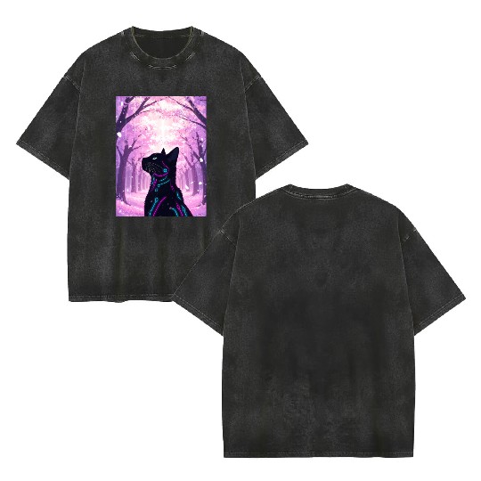 Midnight Cyber Cat | Pink Cherry Blossom Forest Double Sided Mineral Wash T Shirts
