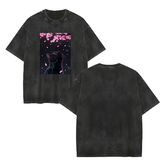 Cyber Cat Blossom Gaze | Noir Futuristic Feline Double Sided Mineral Wash T Shirts