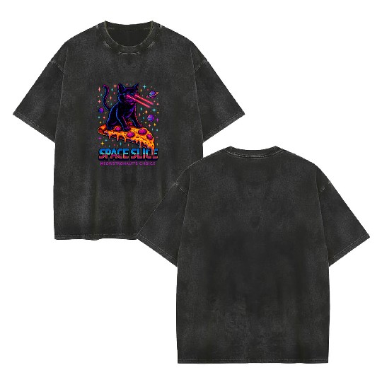 Space Slice – Neon Cat Pizza Universe Double Sided Mineral Wash T Shirts