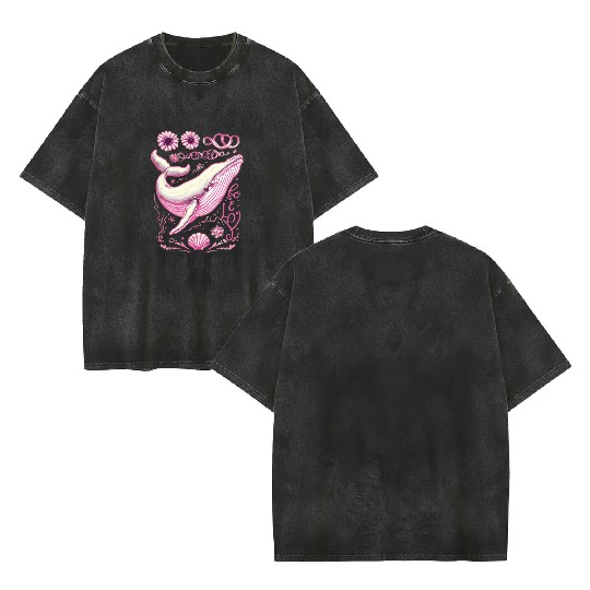 Pink Whimsical Whale with Floral Accents Double Sided Mineral Wash T Shirts