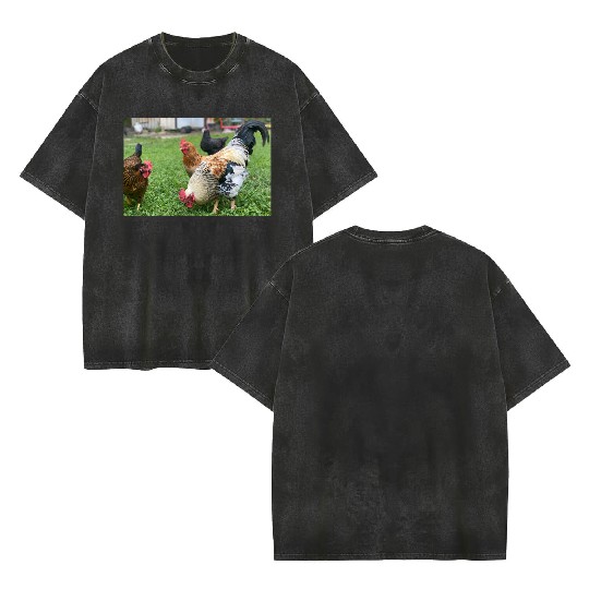 Farmyard Rooster and Chickens Illustration Double Sided Mineral Wash T Shirts
