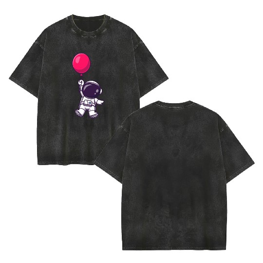 Astronaut Holding Pink Balloon Illustration Double Sided Mineral Wash T Shirts