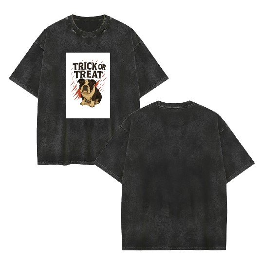 Bulldog Halloween Trick or Treat Design Double Sided Mineral Wash T Shirts