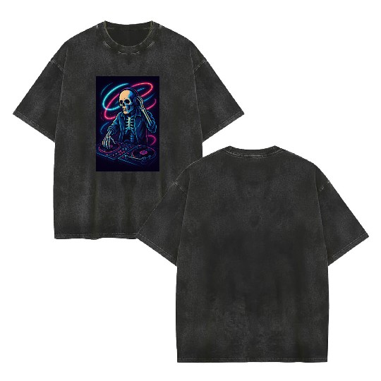 Neon Skeleton DJ Artwork Double Sided Mineral Wash T Shirts