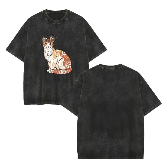 Boho Cat – Tribal Art Floral Tattoo Design Double Sided Mineral Wash T Shirts