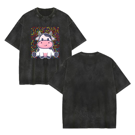 Cute Cartoon Cow with Polka Dots Double Sided Mineral Wash T Shirts