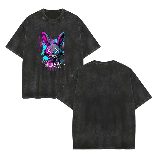 Graffiti Bunny Teeth Streetwear Double Sided Mineral Wash T Shirts