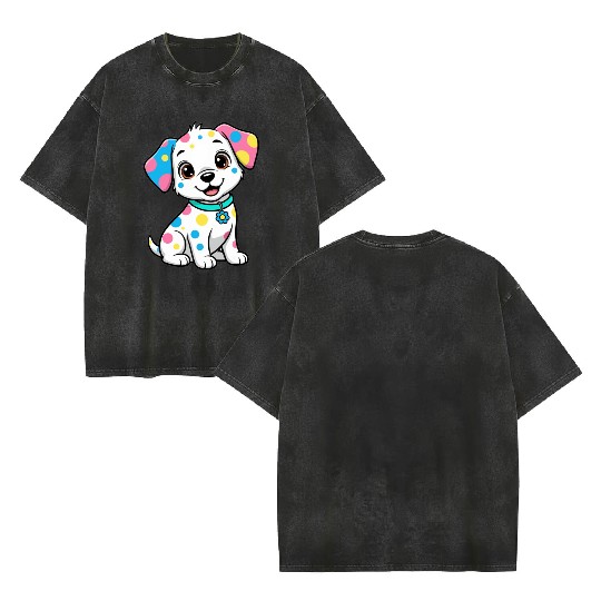 Colorful Puppy Design Double Sided Mineral Wash T Shirts